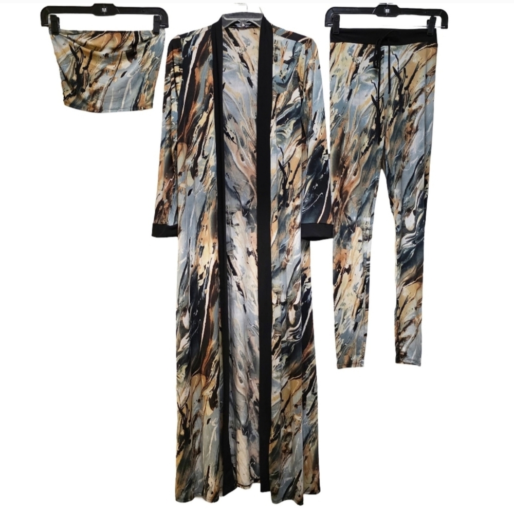 Fashion Nova 3 piece Set Leggings / Pants Duster / Cardigan Tube top Size SMALL